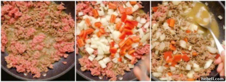 Ground beef browning in a skillet with diced onions and bell peppers.