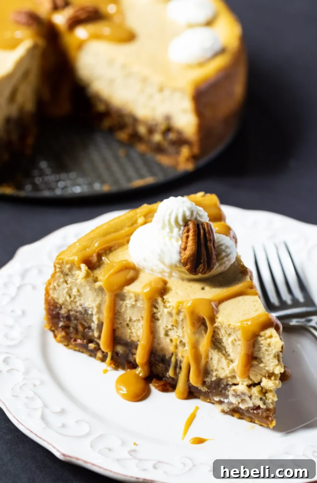 A close-up shot of a slice of Pecan Pie Cheesecake, showcasing its three distinct layers: the crust, pecan filling, and creamy cheesecake.