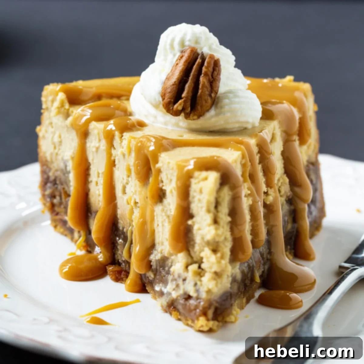 An appetizing close-up of a Pecan Pie Cheesecake slice, beautifully drizzled with rich Dulce de Leche, highlighting its creamy texture and pecan topping.