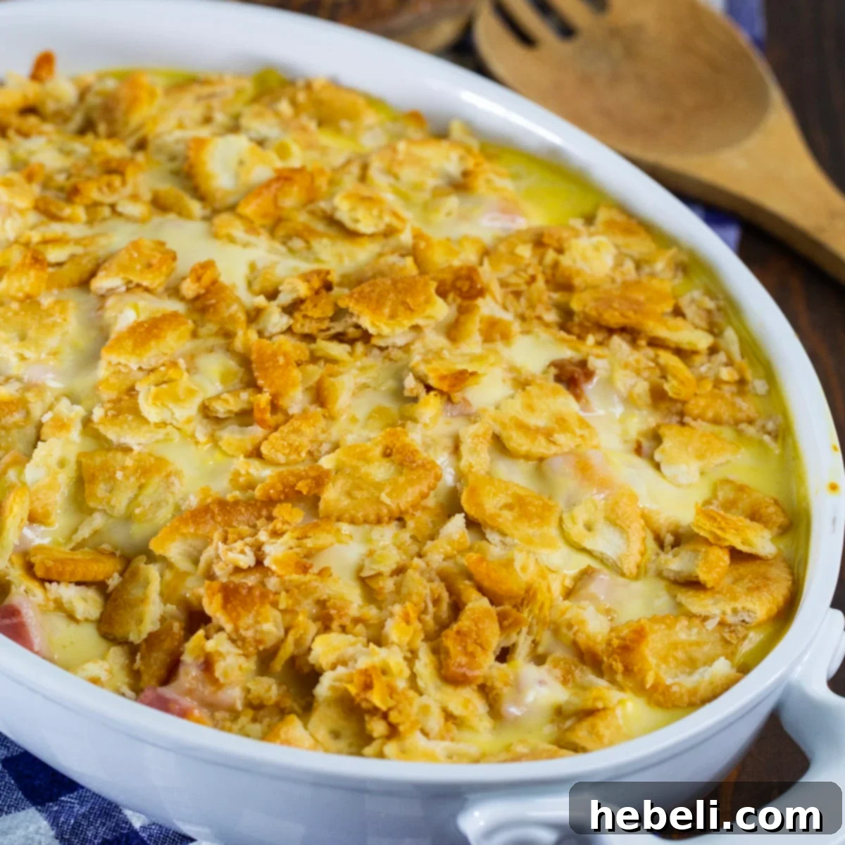 Creamy Chicken Cordon Bleu Bake 2 Chicken Cordon Bleu Casserole in a beautiful baking dish, freshly baked and golden.