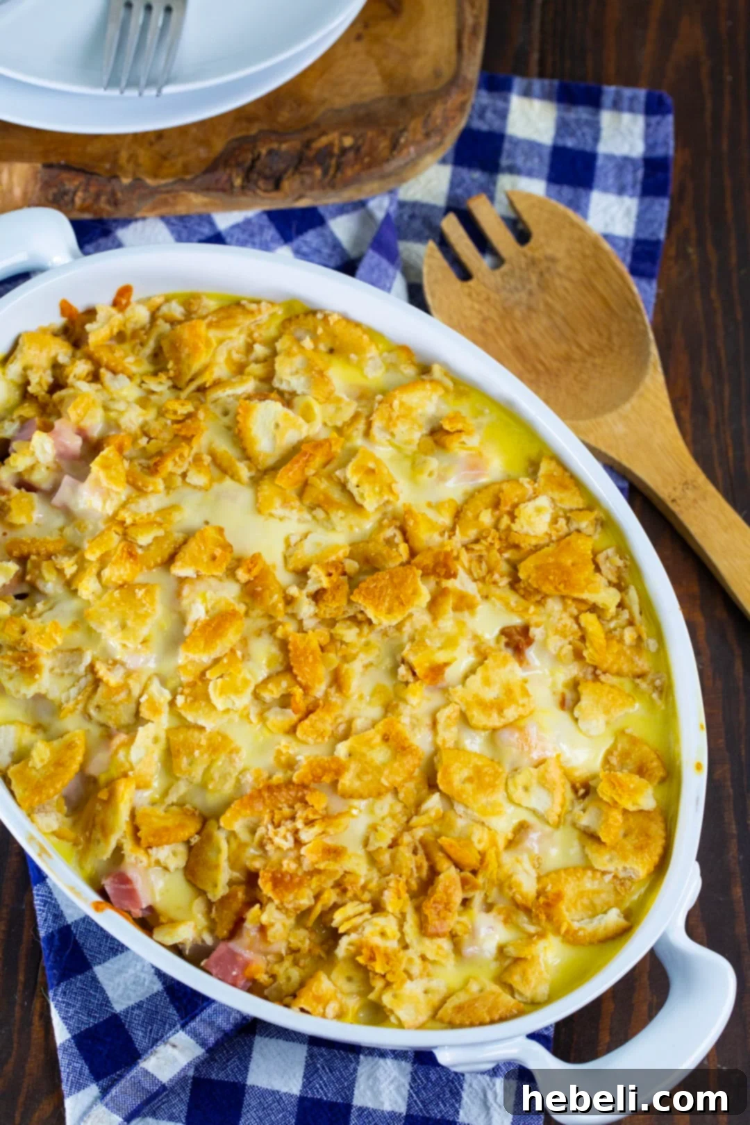 Creamy Chicken Cordon Bleu Bake 3 Close-up of the delicious Cordon Bleu casserole, showing the cheesy layers and topping.