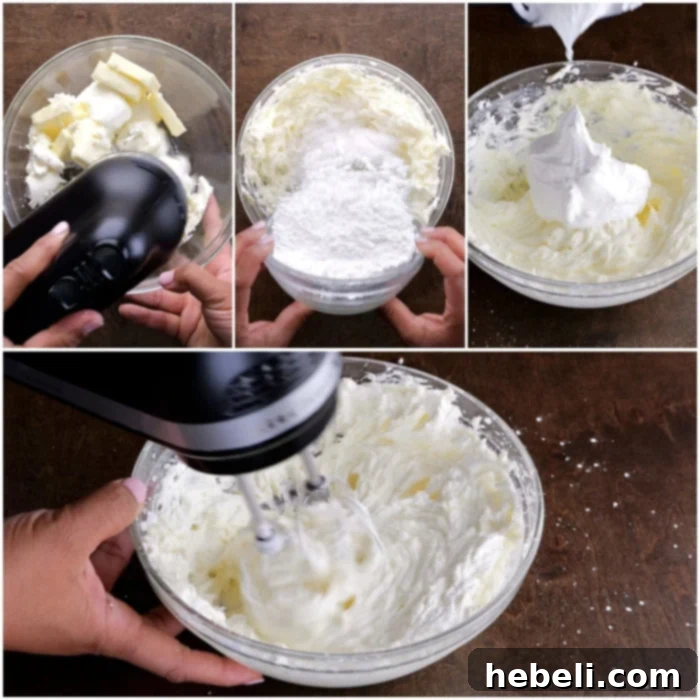 Mixing softened cream cheese, butter, and powdered sugar for the creamy cake roll filling.
