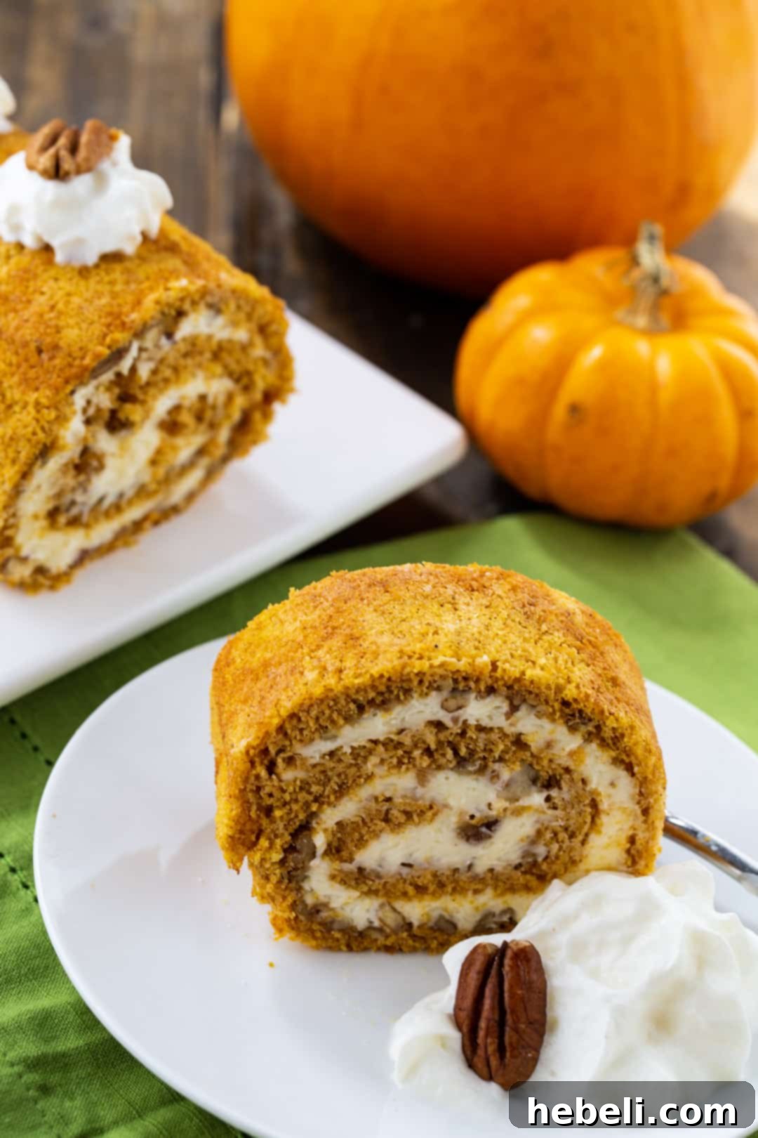 A perfectly portioned slice of Pumpkin Cake Roll on a white plate, revealing the beautiful spiral of cake and filling.
