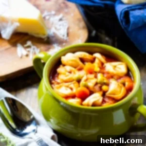 Close-up of a serving of Easy Tortellini Soup.