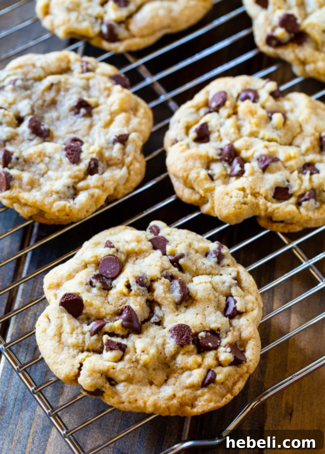 Perfectly Chewy Chocolate Chip Cookies 3 Freshly baked chewy chocolate chip cookies cooling on a wire rack, showcasing their perfectly crinkled tops.