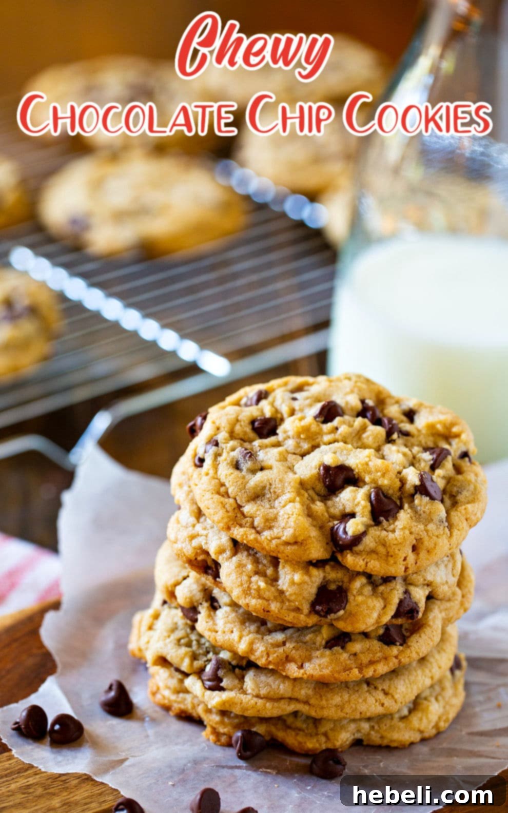 Perfectly Chewy Chocolate Chip Cookies 5 Piled up chewy chocolate chip cookies on a plate, ready to be enjoyed with a glass of milk.