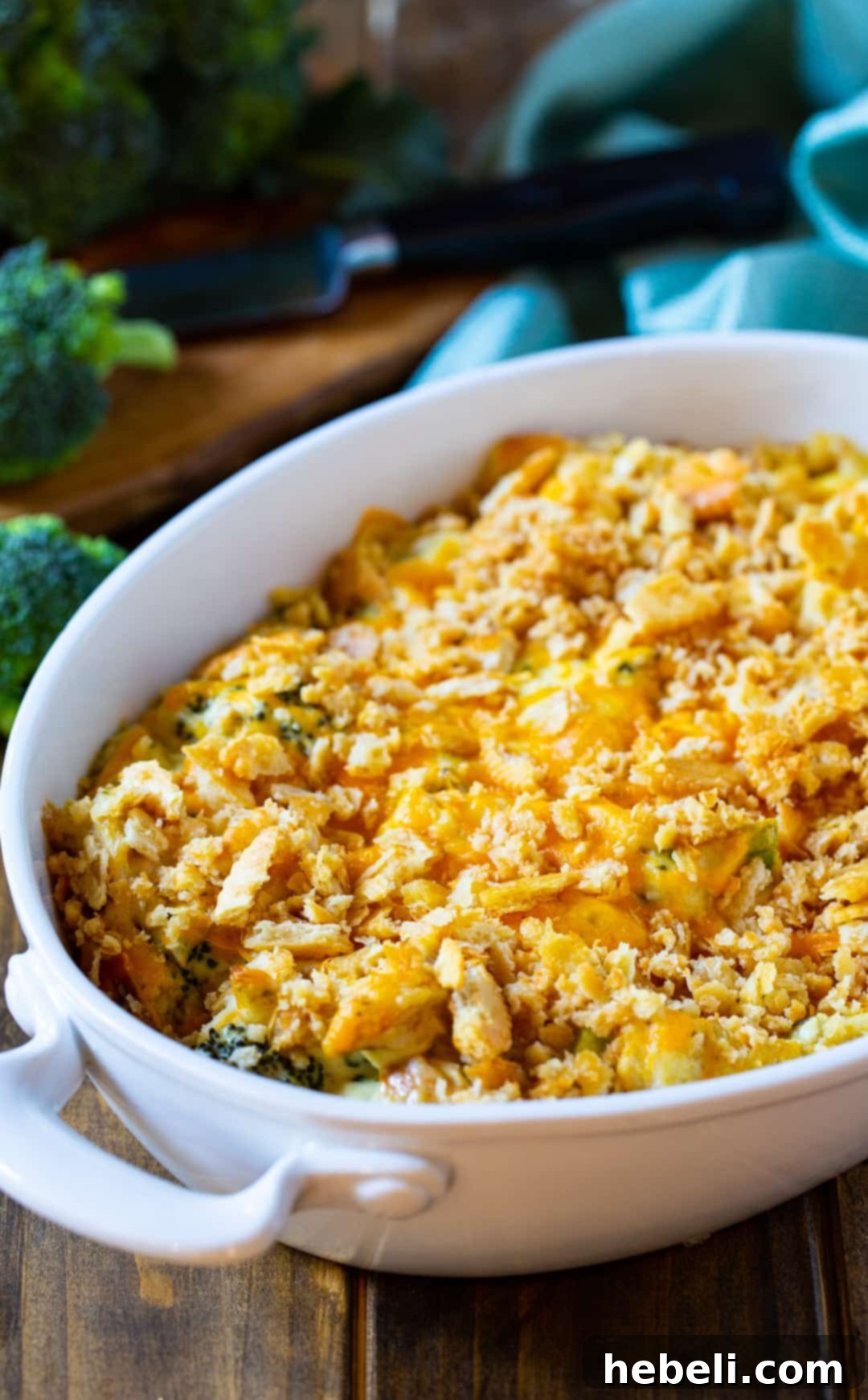 Close-up of Chicken Divan Casserole in an oval baking dish.