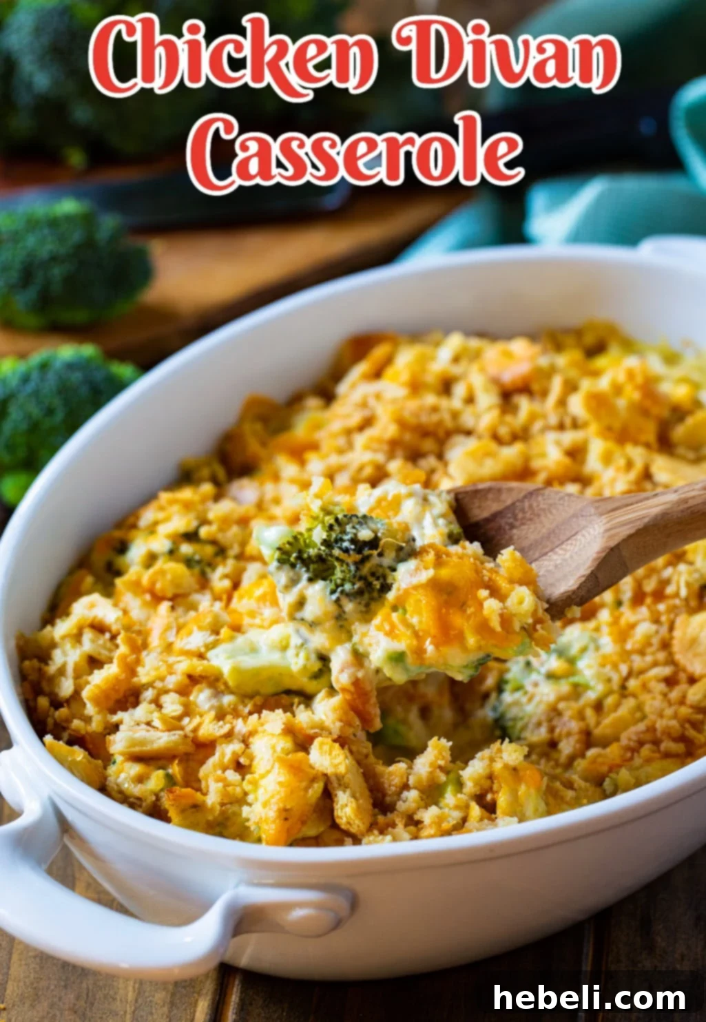 A spoon scooping up a portion of creamy Chicken Divan Casserole.