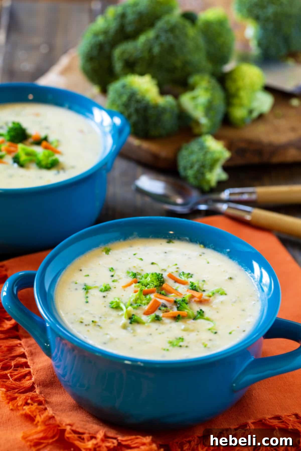 Ultimate Creamy Broccoli Cheese Soup 3 Close-up of a bowl of creamy broccoli soup with fresh broccoli florets in the background, highlighting the fresh ingredients.