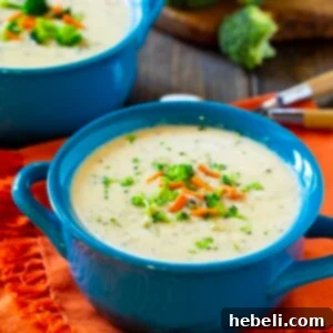 Broccoli Cheese Soup in a serving bowl, ready to be enjoyed.