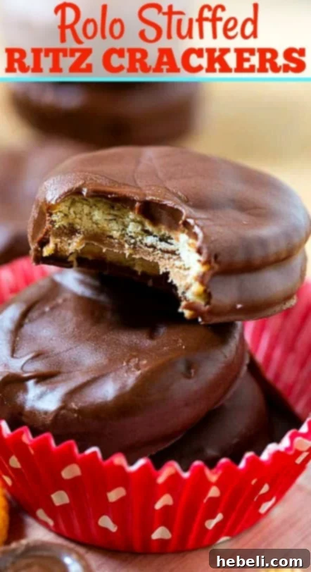 Rolo Ritz Caramel Delights 5 Close-up of Rolo Stuffed Ritz Crackers, highlighting the smooth chocolate coating and the classic Ritz cracker texture.