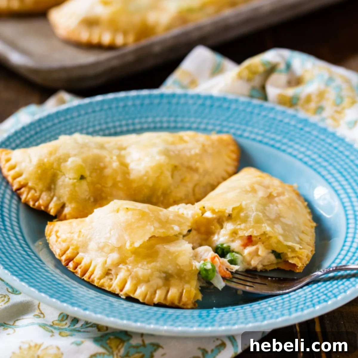 Two golden-brown Chicken Pot Pie Turnovers on a white plate, showcasing their flaky crust and inviting appearance.