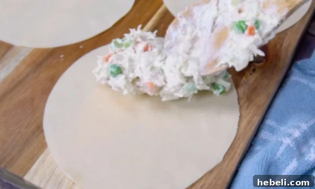 Placing filling on half of a pie dough circle.