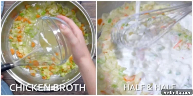 Whisking in chicken broth and half-and-half to the thickening mixture.