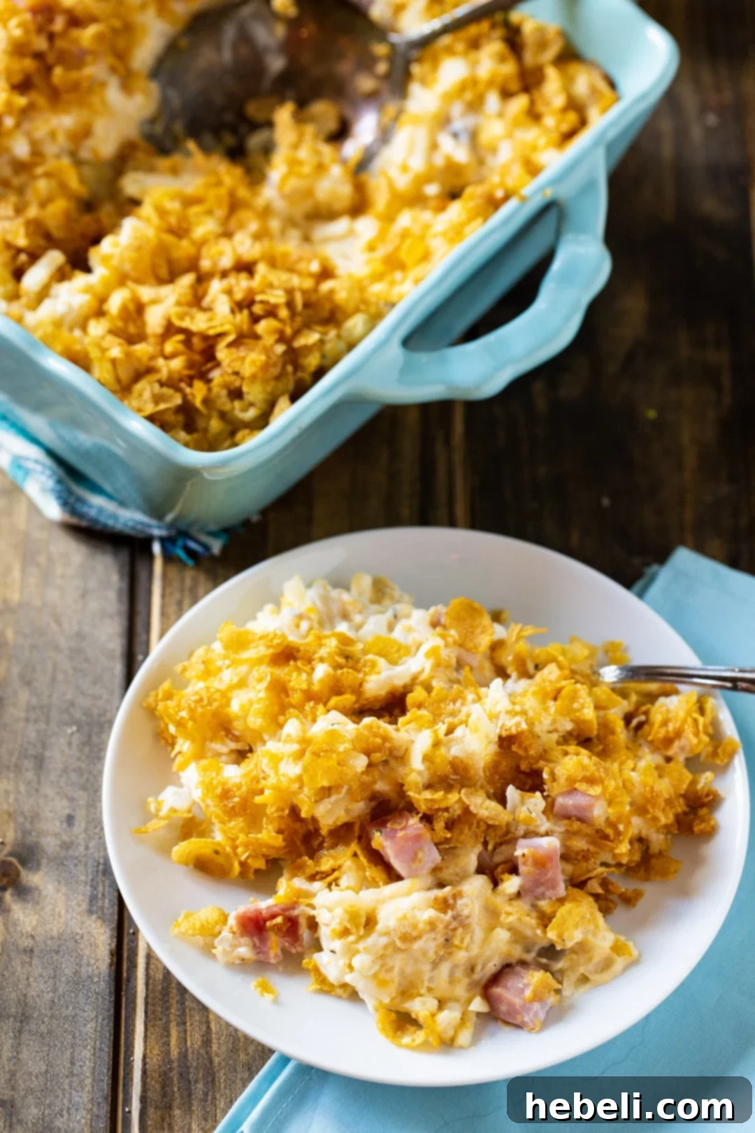 Funeral Potatoes with Ham on a plate.
