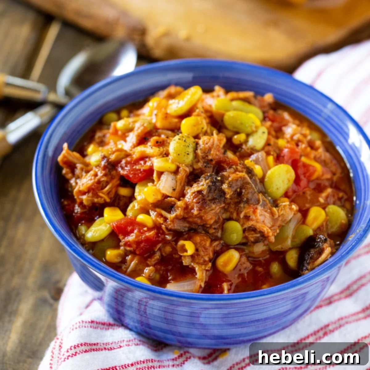 A steaming bowl of Easy Brunswick Stew, rich with pulled pork and chicken, ready to be enjoyed.