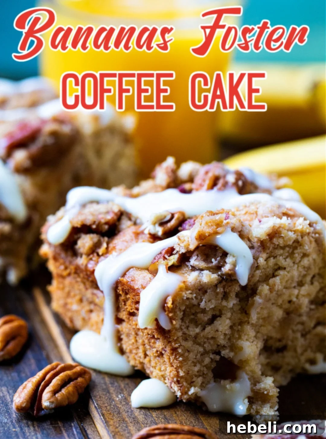 Rum Caramel Banana Coffee Cake 5 Close-up of a delicious piece of Bananas Foster Coffee Cake, showcasing its moist crumb, streusel, and sauce.