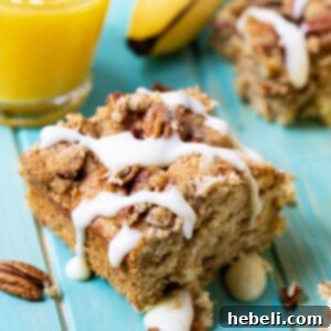 Overhead shot of Bananas Foster Coffee Cake with a slice removed.