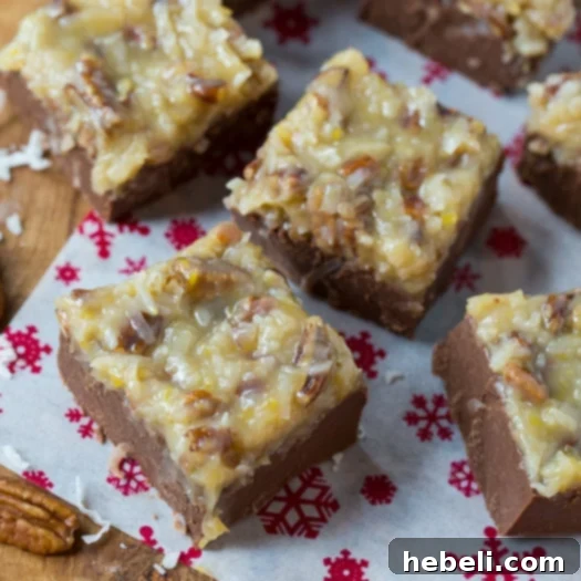 Decadent German Chocolate Fudge 2 Rich German Chocolate Fudge with a thick layer of coconut pecan frosting, perfect for Christmas holidays.