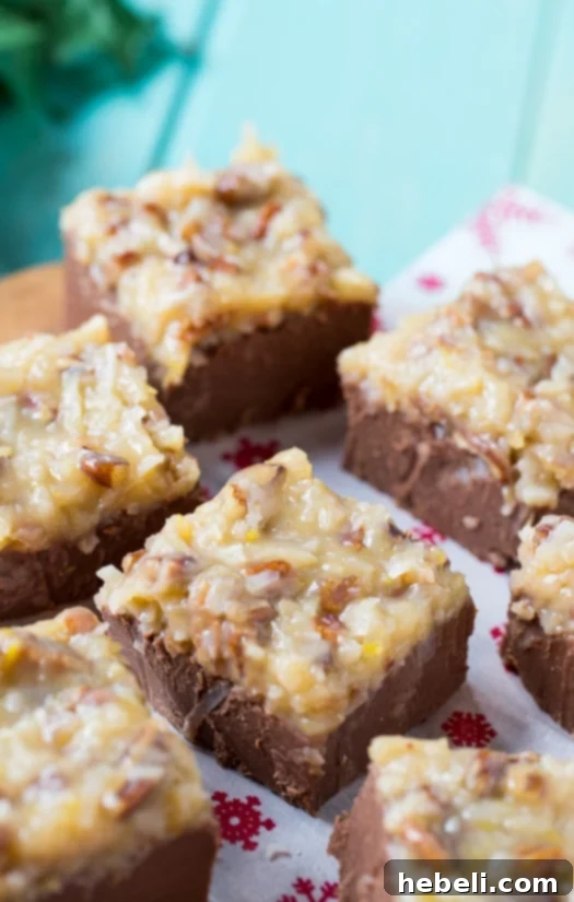 Decadent German Chocolate Fudge 3 Close-up of gooey German Chocolate Fudge showing the rich chocolate base and textured coconut-pecan topping.