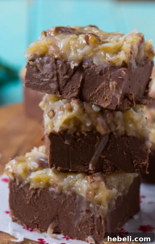 Decadent German Chocolate Fudge 7 A large tray of homemade German Chocolate Fudge squares, ready to be served or stored.