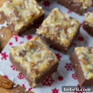 Top view of a square German Chocolate Fudge with coconut and pecan topping.