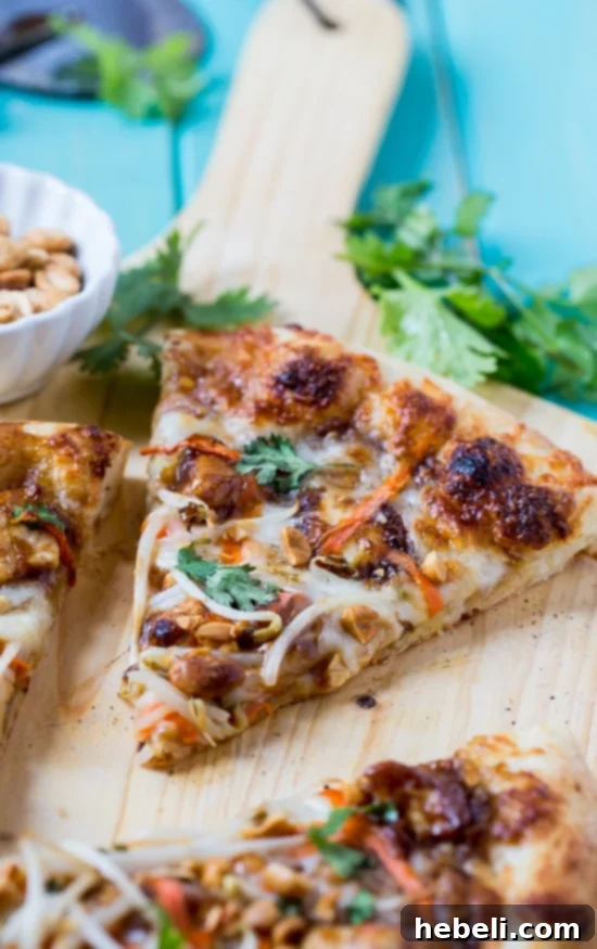 Close-up of baked Thai Chicken Pizza