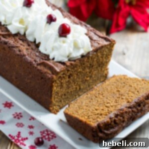Close-up of a warm slice of Sweet and Spicy Gingerbread with whipped cream.