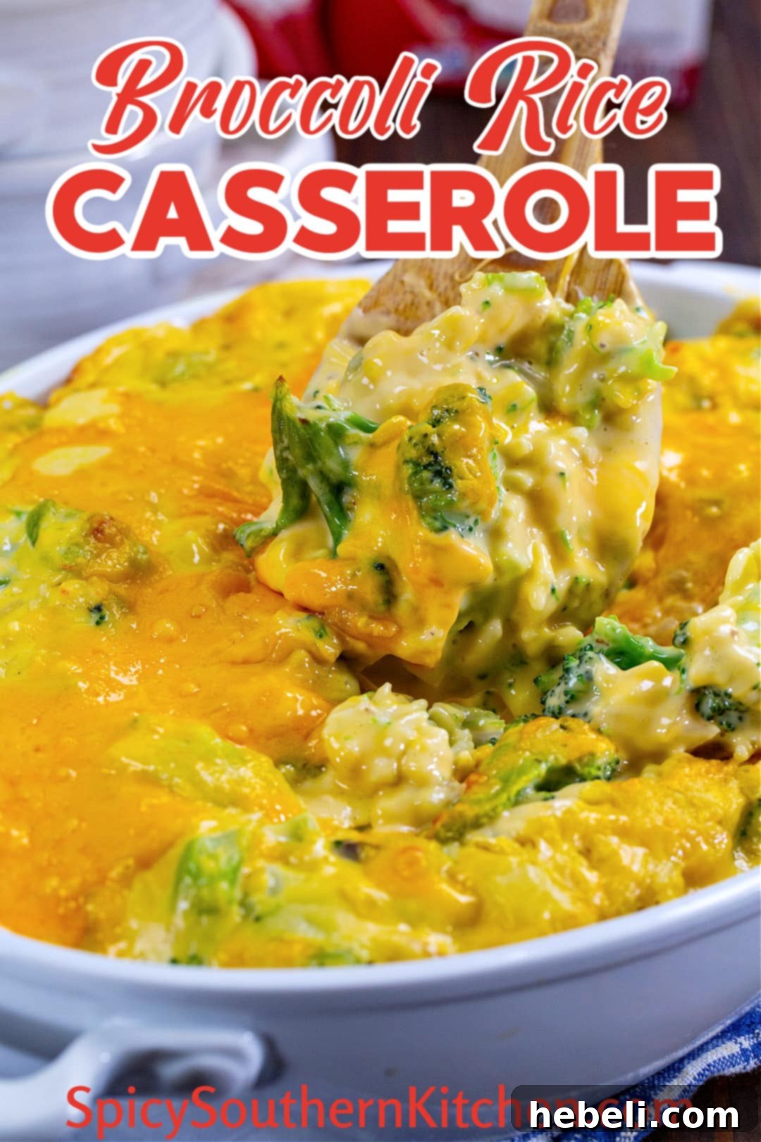 Spoon scooping up a generous portion of warm Broccoli Rice Casserole.