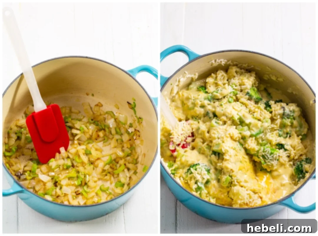 Sautéed celery and onions in a Dutch oven, preparing the flavorful base for the casserole.