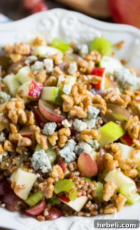 Close-up of Wheat Berry Waldorf Salad with fresh ingredients