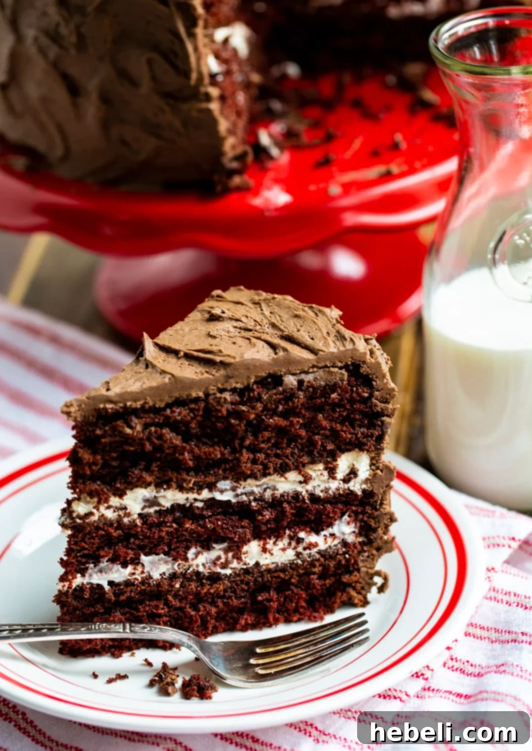 A decadent slice of Chocolate Cake with Cream Filling presented on a white plate with a fork, emphasizing its rich texture and inviting taste.