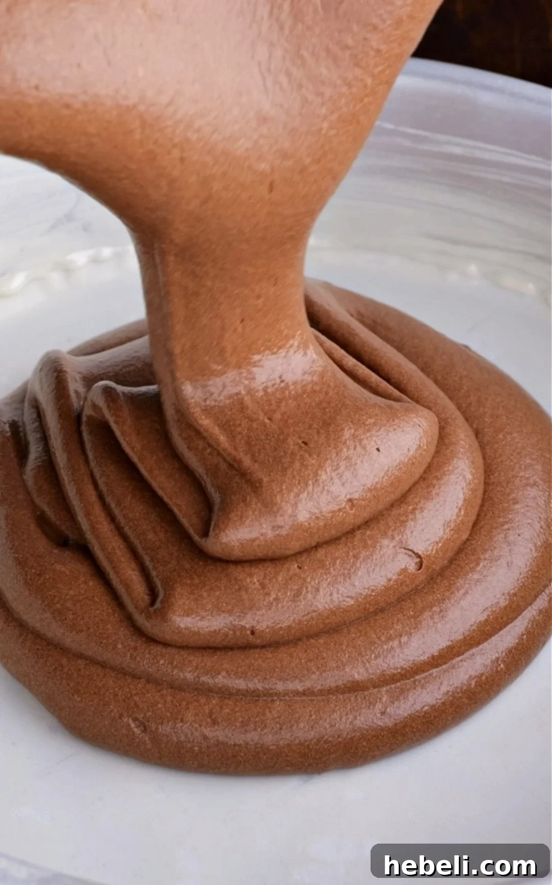 Rich chocolate cake batter being expertly poured into a prepared round cake pan, ready for baking.