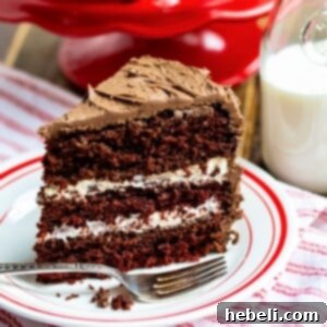 A close-up of a beautifully decorated three-layer chocolate cake with cream filling and chocolate icing.