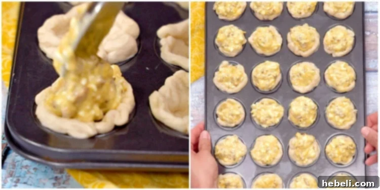 Mini muffin cups filled with the savory egg, sausage, and cheese mixture.