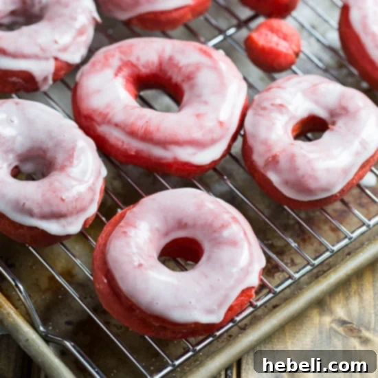 Decadent Red Velvet Glazed Doughnuts 2 Delicious Red Velvet Donuts with Glaze, perfectly suited for a festive Valentine's Day breakfast or a delightful sweet treat.