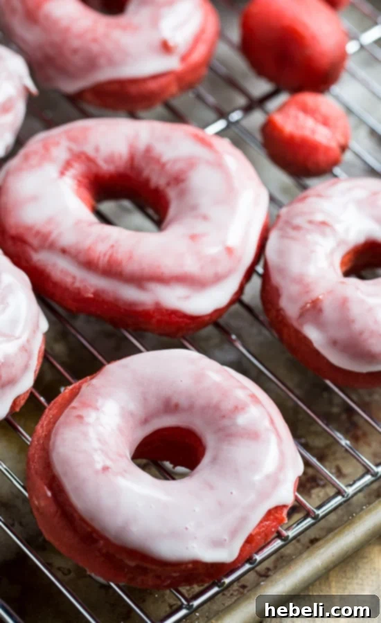 Decadent Red Velvet Glazed Doughnuts 3 A close-up view of a stack of vibrant Red Velvet Donuts generously covered with a smooth sweet glaze, highlighting their appealing color and texture.