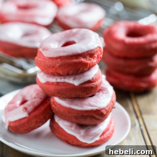Decadent Red Velvet Glazed Doughnuts 6 Red Velvet Donuts, beautifully drizzled with glaze, ready to be savored as a delightful and festive treat.