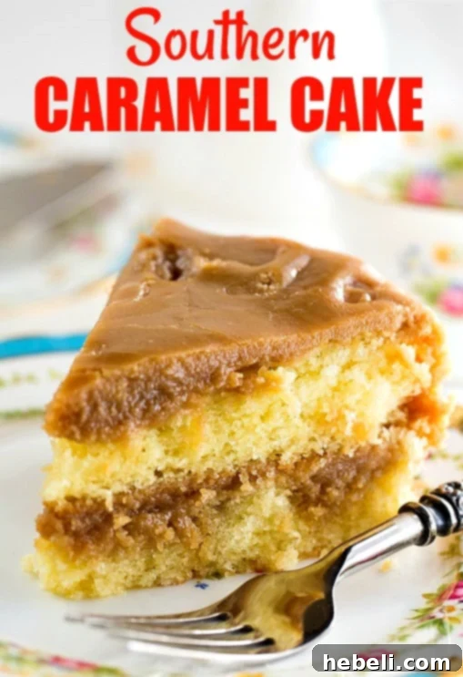 A perfectly portioned slice of Southern Caramel Cake on a white plate, showcasing the distinct layers of cake and thick, luscious caramel frosting.