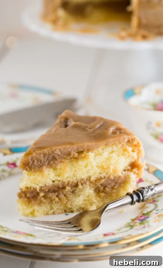 Southern Caramel Cake - A moist vanilla cake with a generous amount of ultra-sweet caramel icing, showcasing the texture.