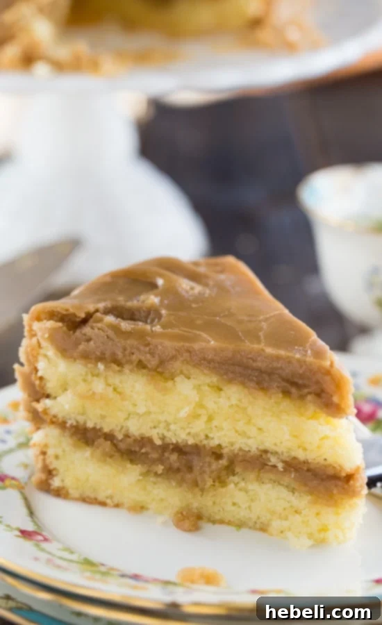 Southern Caramel Cake - A close-up of a slice, showing moist vanilla cake with a thick layer of ultra-sweet caramel icing, garnished.