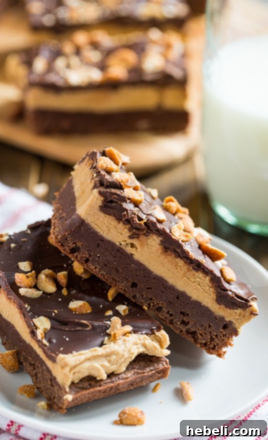 Close-up of Triple Layer Chocolate Peanut Butter Bars