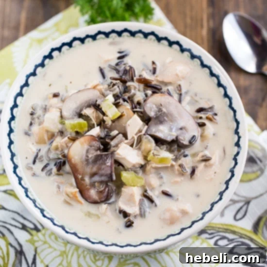Rich and creamy Chicken and Wild Rice Soup in a bowl, garnished with fresh herbs, ready to be served.