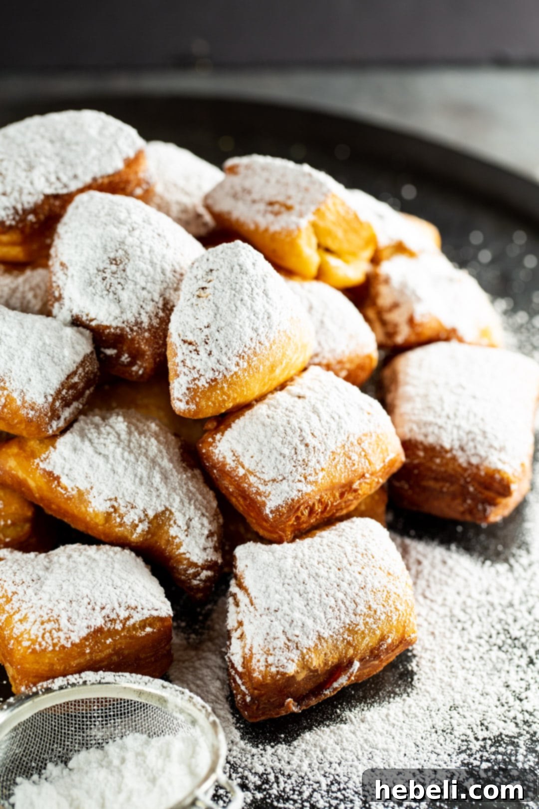 Pillowy Homemade Beignets 3 A beautiful mound of golden-brown Beignets piled high on a serving tray, dusted with powdered sugar.
