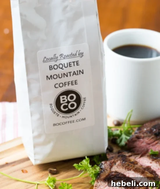 Close-up of Coffee and Soy Marinated Flank Steak, showcasing the rich marinade