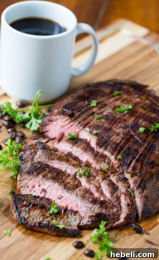 Coffee and Soy Marinated Flank Steak, ready to be sliced and served