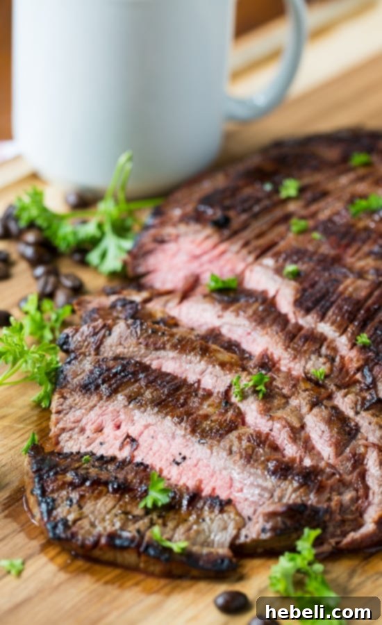 Delicious Coffee and Soy Marinated Flank Steak, sliced and ready to enjoy