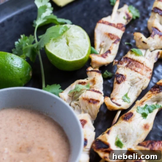 Creamy Almond Chicken Satay 2 Delicious Almond Butter Chicken Satay skewers ready to be served