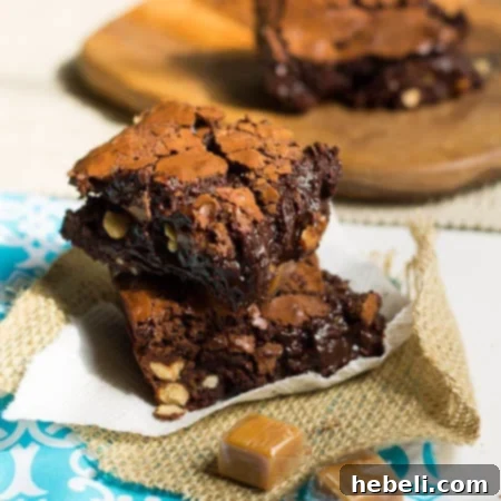 Indulgent Dark Chocolate Brownies with Caramel and Salted Peanuts, offering a delightful sweet and salty crunch.