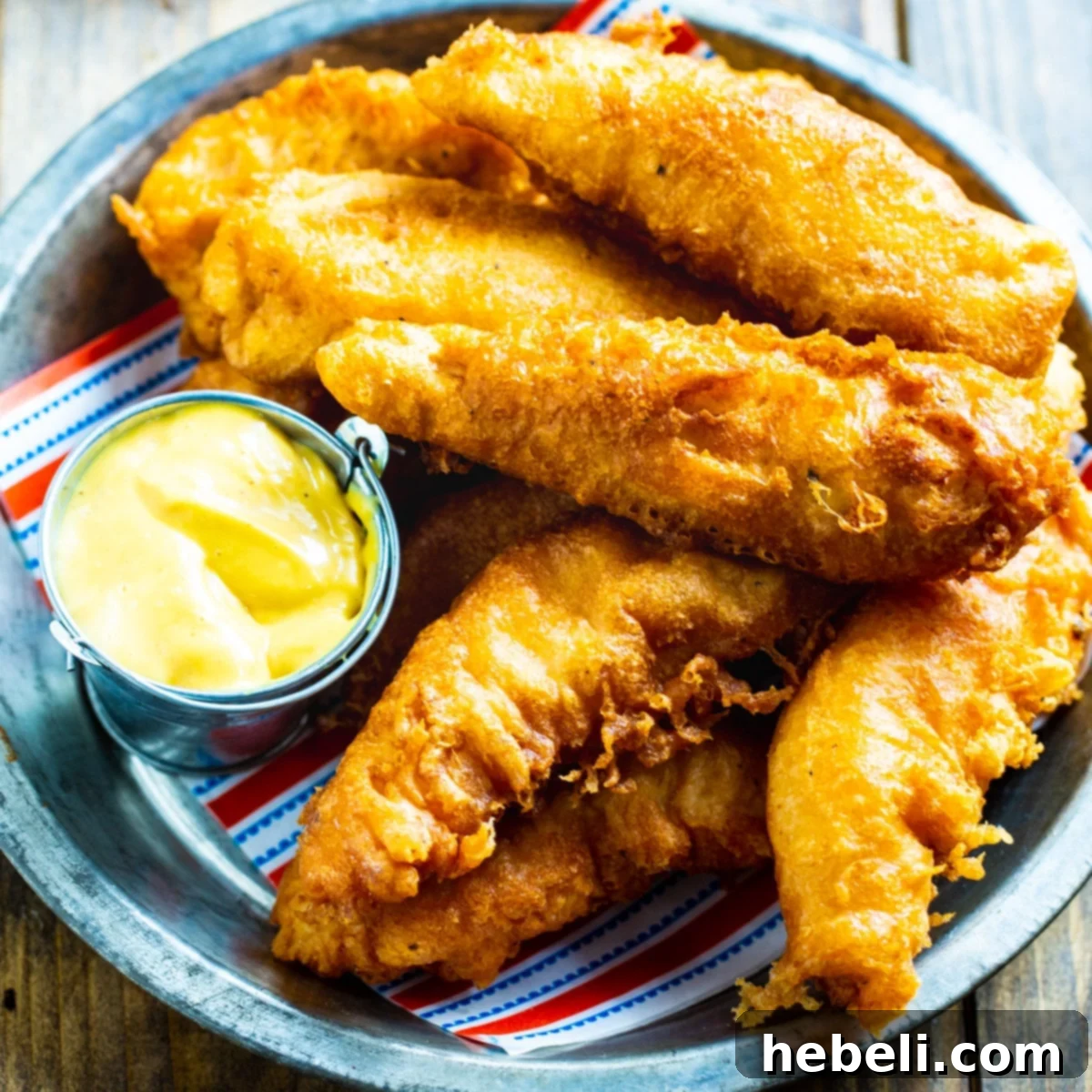 Irresistible Crispy Chicken Crispers, Chili's Style 2 Chicken Crispers in a metal serving dish with honey mustard dipping sauce.